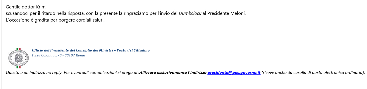 Dankschreiben aus Rom für unsere Dumbclock